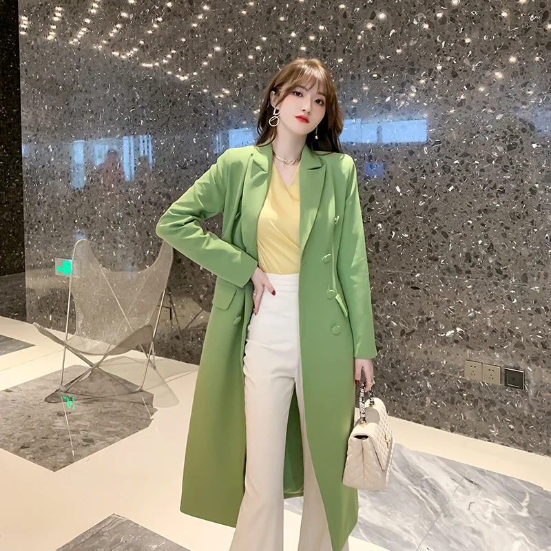 2021 New Fashion Korean Style Singer Breasted Streetwear  Arrival Spring Winter Green Long Casual Blazer Coat Jacket for Women