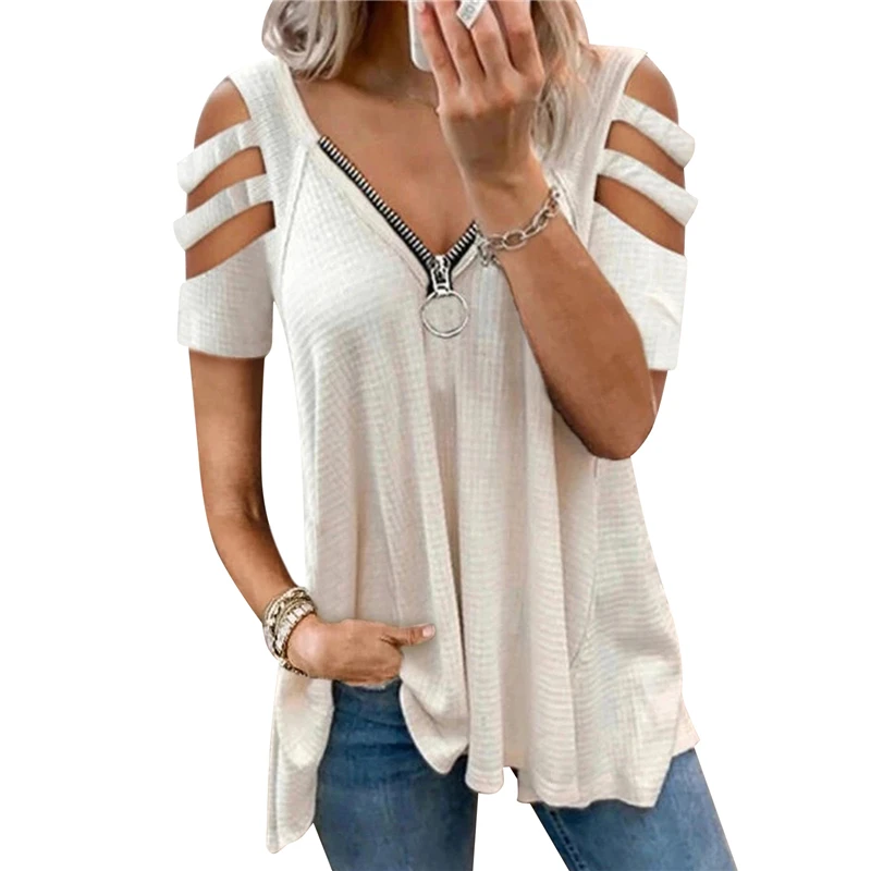 

Women Summer T Shirt Zip V Neck Short Sleeve Loose Tops Sexy Lady Hollow Out Solid Tee Shirt Streetwear Casual T Shirt