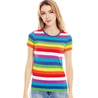 rainbow t shirt for women colorful even stripe tshirt crew neck top tees woman short sleeve rainbow striped top