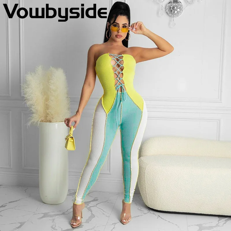 

Women's Jumpsuit Contrast Color Patchwork Sleeveless Backless Lace Up Sheath Trousers Sexy Romper Playsuit