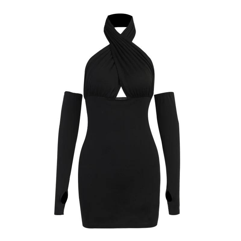 

Instunning Women Cross Halter Mini Dress Ruched Gloves Hollow Out Sexy Backless Dress 2021 Elegant Party Club Lady Summer Dress