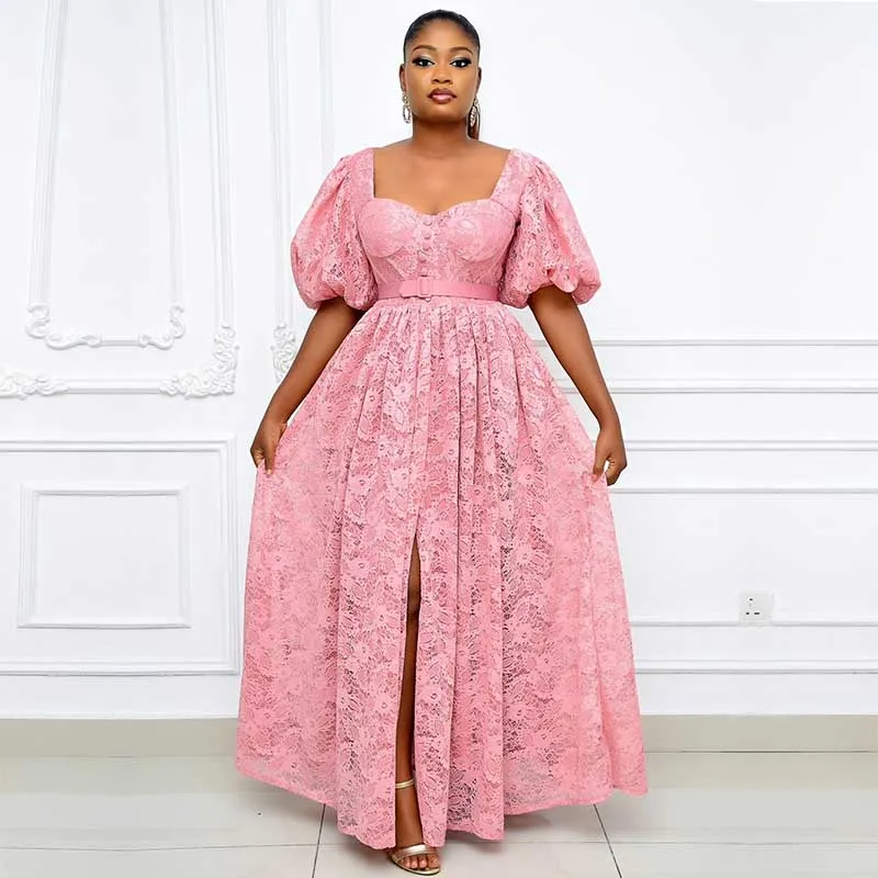 

African Dresses For Women 2021Summer Pink Long Maxi Split Dress Dashiki Africa Clothes Sexy Hollow Out Lace Robe Africaine Femme