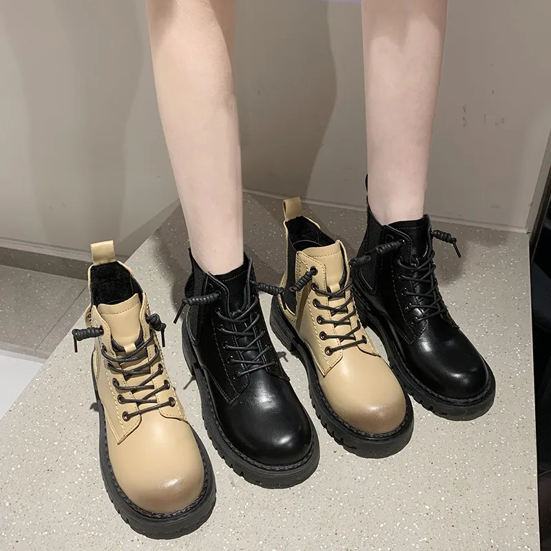 

Женские ботинки со шнуровкой, ботильоны из искусственной кожи на плоской подошве, с круглым носком, в стиле рок/панк, для верховой езды, на ср...