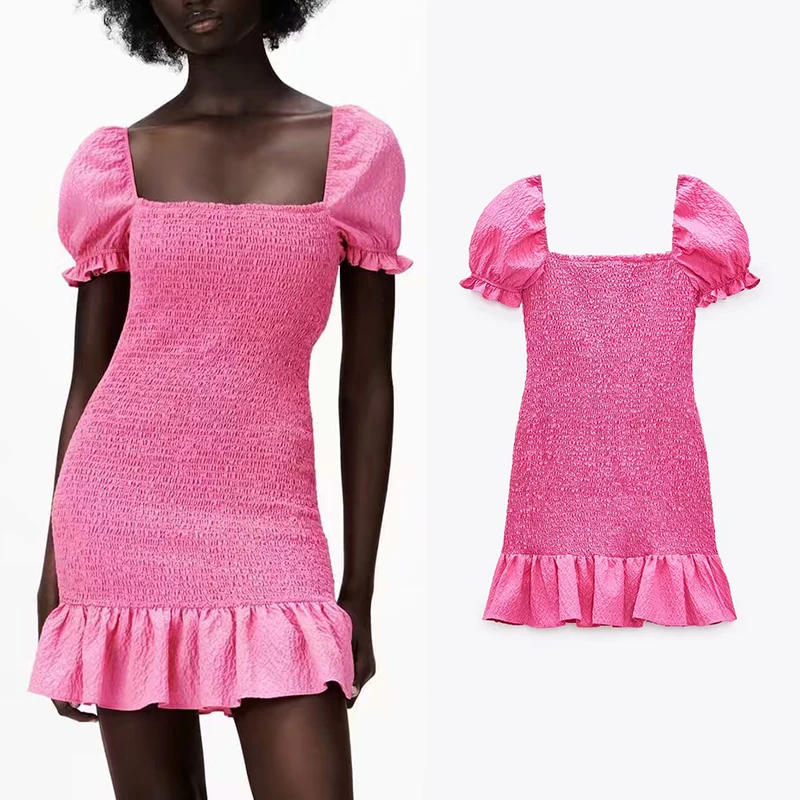 

Женское платье с коротким рукавом-фонариком ZA, однотонное облегающее эластичное платье с квадратным вырезом, элегантный уличный наряд для ...