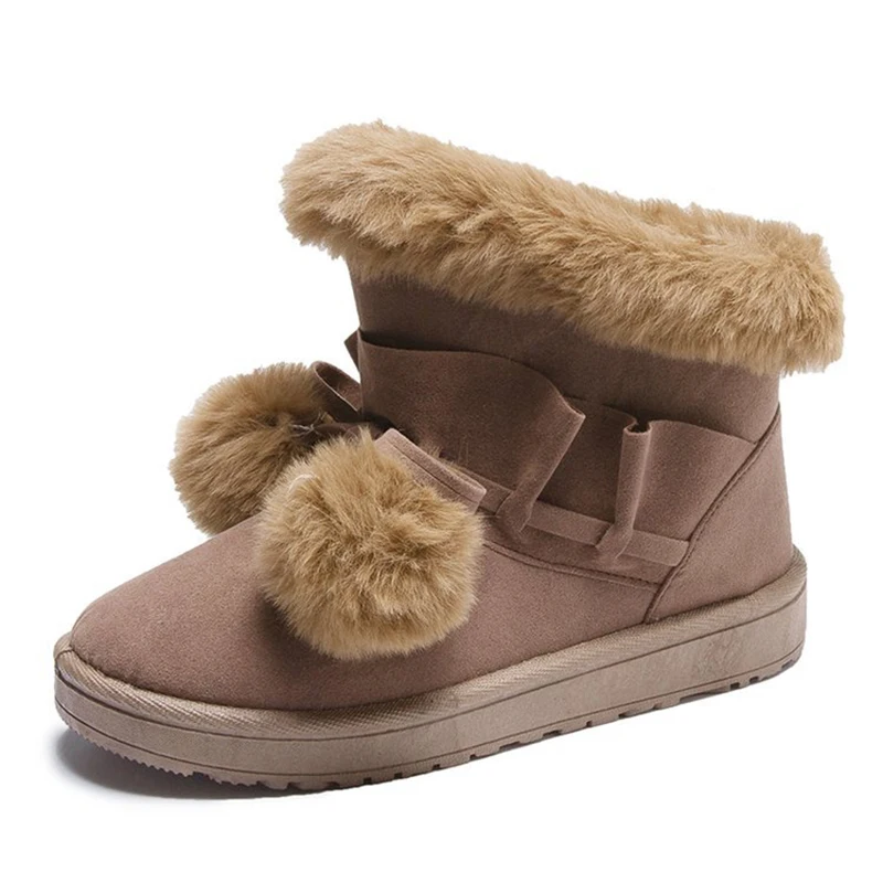 

Women's Snow Boots Winter Warm Plush Fur Ankle Boots Female Bowtie Suede Rubber Flat-bottomed Shoes Ball Decoration Ladies Boots
