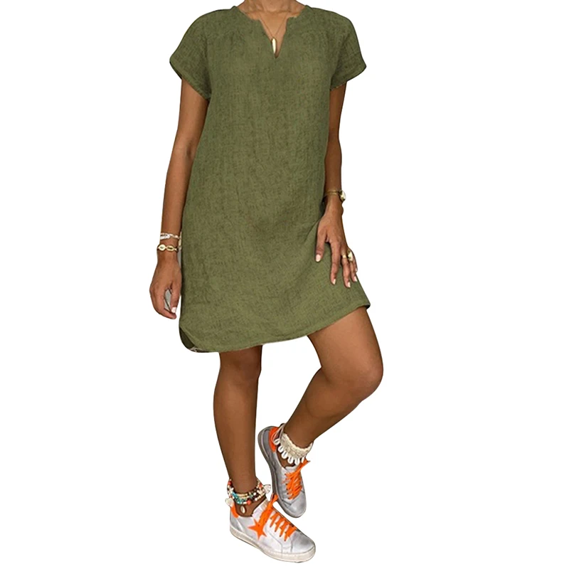 

Women Vestido Dress Fashion Casual Solid Color Short Sleeve Dress for Women Female Linen Loose Dresses O-neck Summer Dress 1 Pc