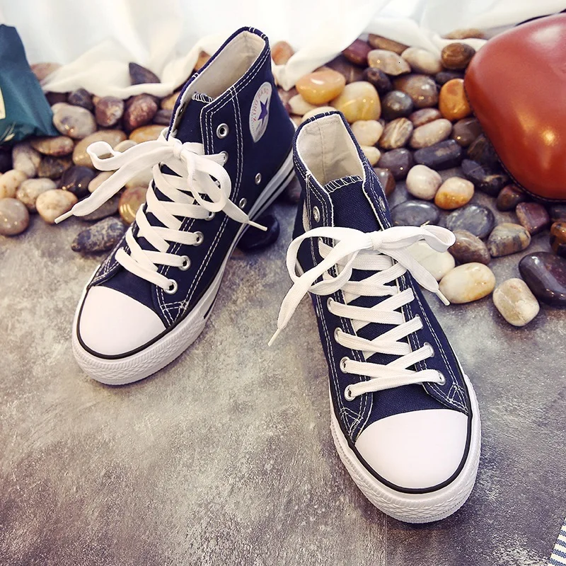 High Top Blue Женская обувь; сезон осень; классическая парусиновая обувь с высоким берцем; модная повседневная обувь на плоской подошве; женские воздухопроницаемые кроссовки на шнуровке - Цвет: High Top Blue