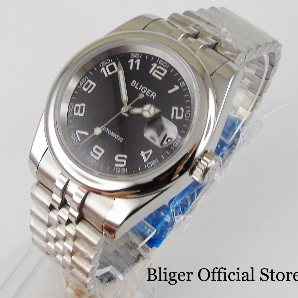 

BLIGER Dress 36MM Selfwinding Men Watch MIYOTA 8215 Black Dial Sapphire Crystal Jubilee Bracelet Date Magifier