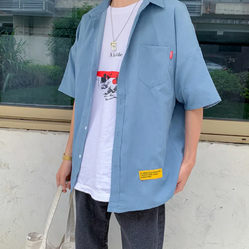 

Men's Solid Color Shirt Korean Loose Harajuku Business Casual Short-sleeved Shirt Men's Streetwear Men's Short-sleeved Jacket