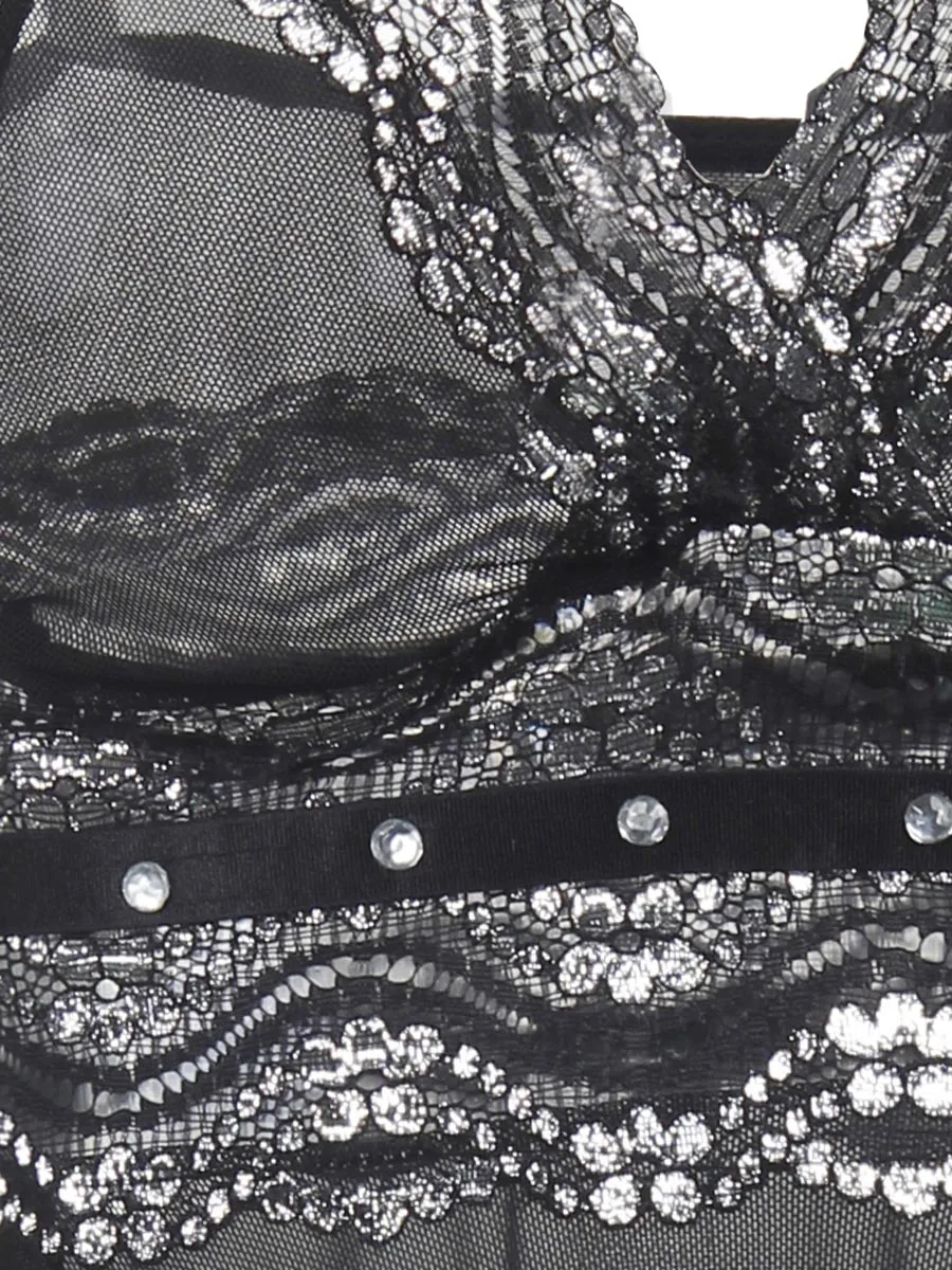 

Women Gothic Nightgown Spaghetti Strap Lace See-Through V-Neck Sequins Short Sleepwear Sexy Lady Fashion Mini Nightdress Famale