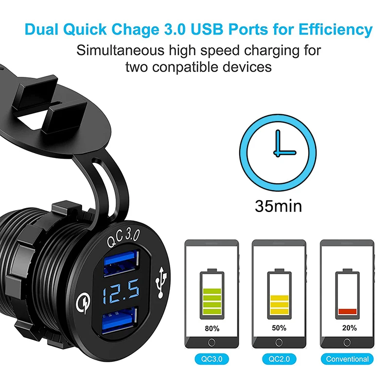 QC3.0 Dual USB Зарядное устройство розетка 12V/24V Водонепроницаемый с светодиодный