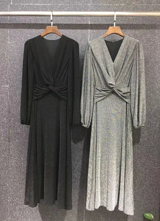 

2021 new women fashion V-neck wrinkled bright silk stitching decorative solid color long-sleeved long skirt dress 1021