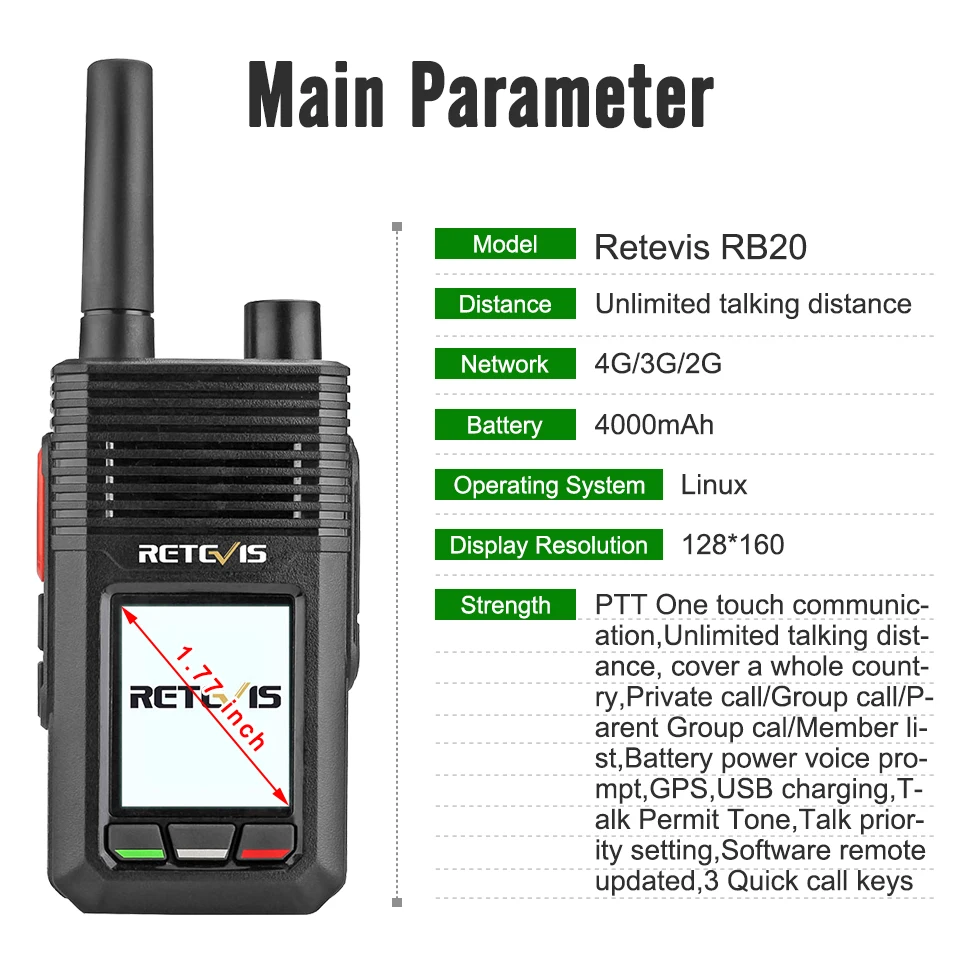 Retevis RB20 Network Walkie Talkie 4G POC PTT Network Two Way Radio Support LTE FDD/WCDMA/GSM SIM Smartphone Long Range Call enlarge