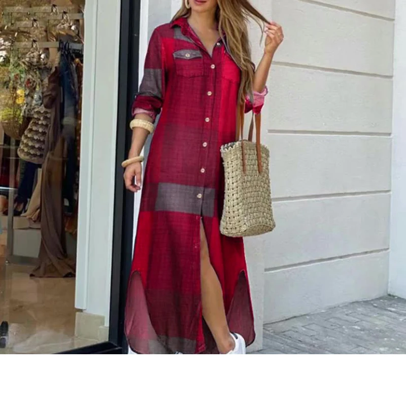 

1559 Spring Autumn Women Dresses Plaid Print Pocket Button Loose Hem Slit Fashion Casual Daily Versatile Female Long Shirt Dress