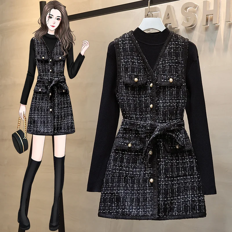 

Women's Plump Girls Spring Autumn New Temperament Slim Looking Large Size Single-breasted Dress Fashion Knitted Woolen Two-piece