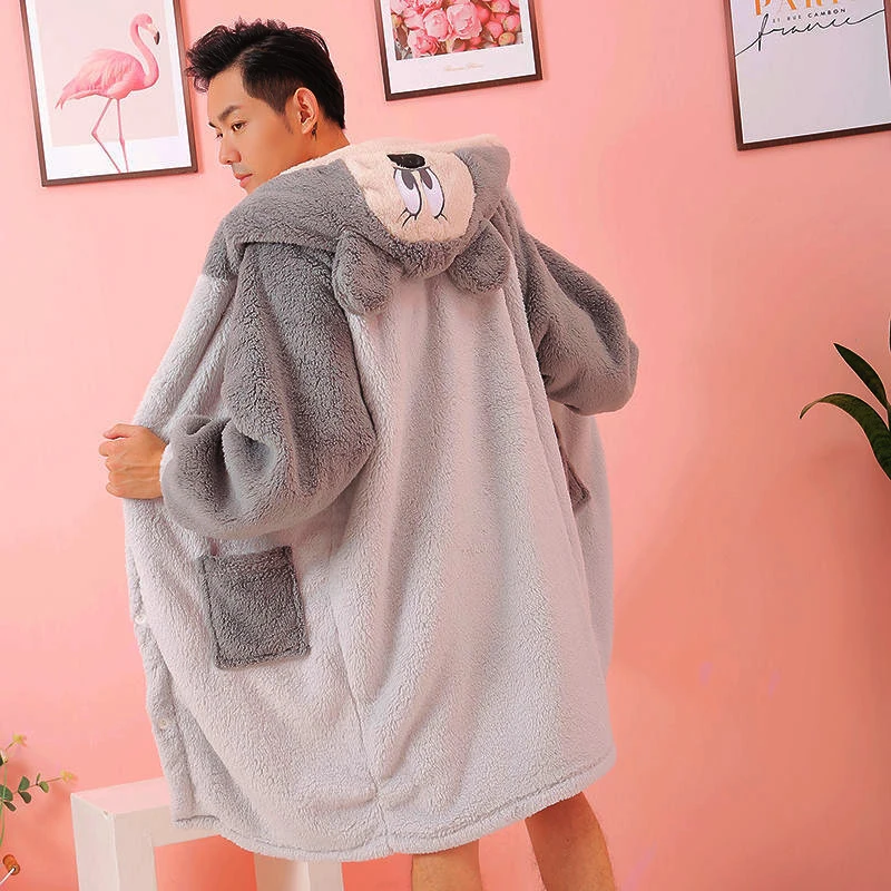 Women's Pajamas Long Plush Coral Velvet Cute Nightgown Autumn and Winter Men's Pyjamas Home Service Hooded Sleepwear Fashion