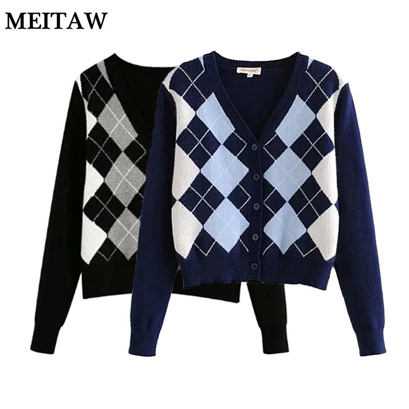 Осенний Женский вязаный свитер винтажный геометрический ромбовидный кардиган
