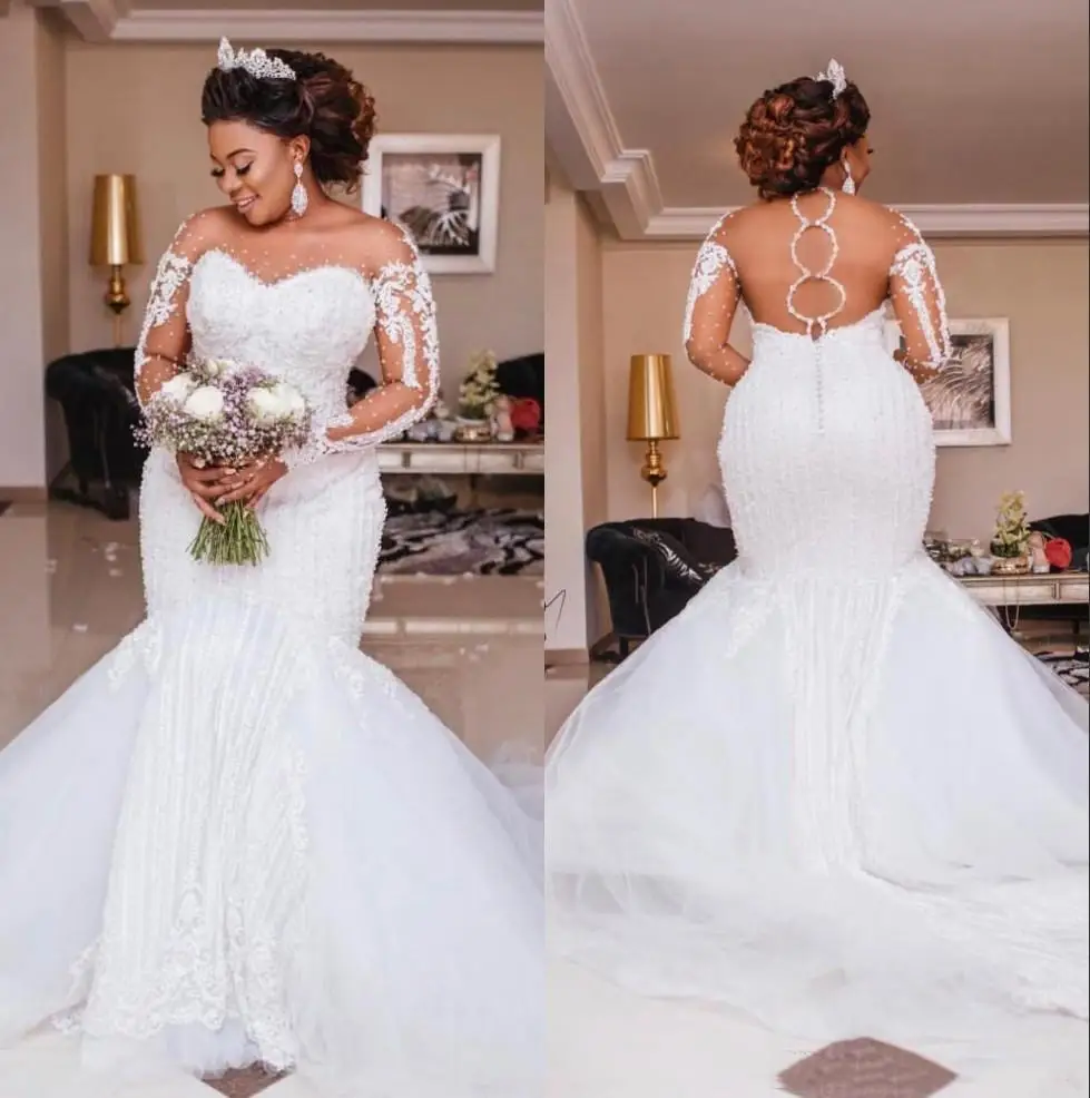 

Elegant Wedding Dresses Long Sleeve Mermaid Bridal Gowns Custom Made Lace Appliques Beads Sweep Train Wedding 2022