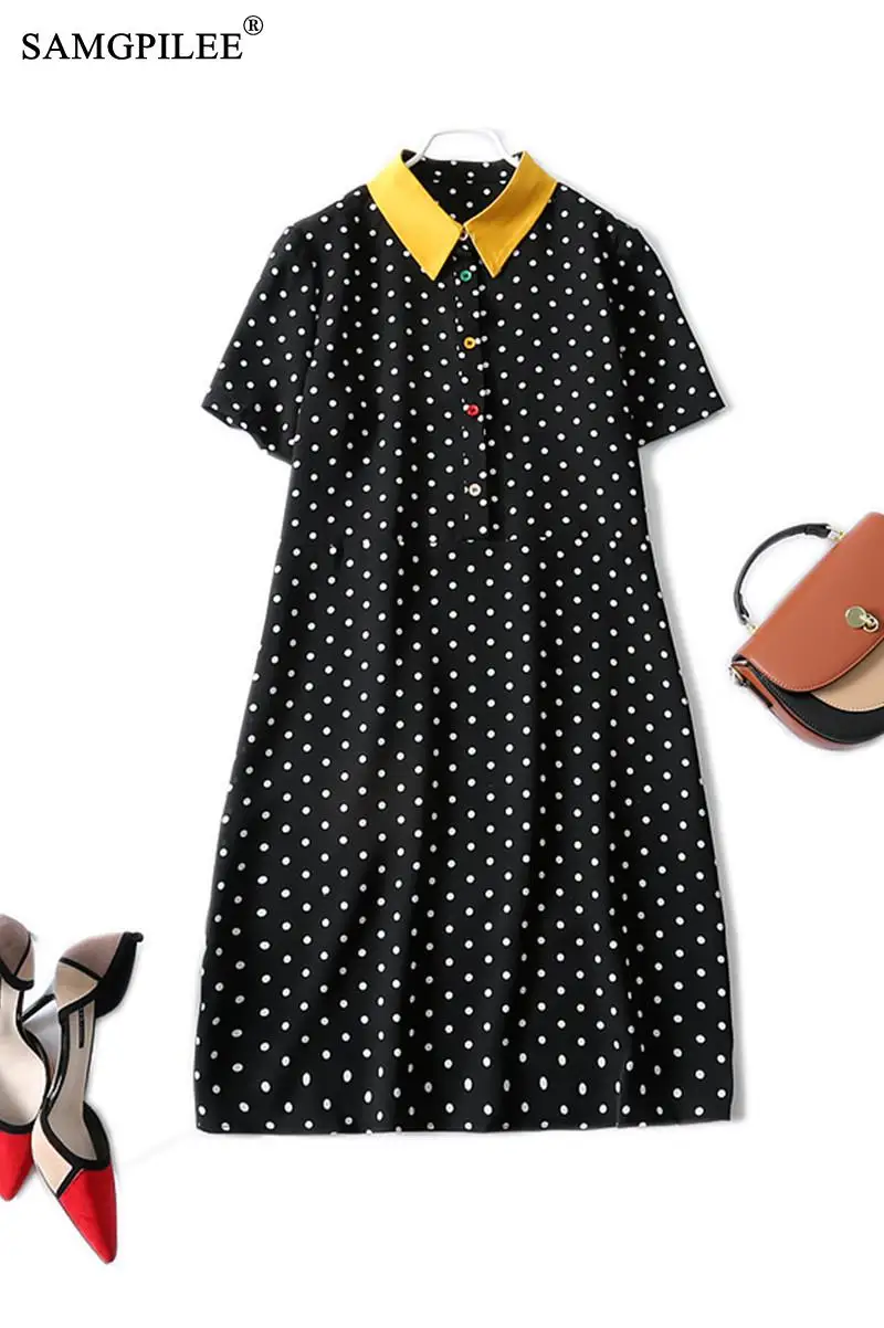 

Summe Women Clothing 2021 New Fashion Color Button Stitching Polo Collar Short-sleeved Knee Length Korean Chiffon Dresses Woman