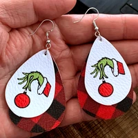 christmas faux leather earrings grinch with hat santa two layes black red buffalo plaid pattern leaf