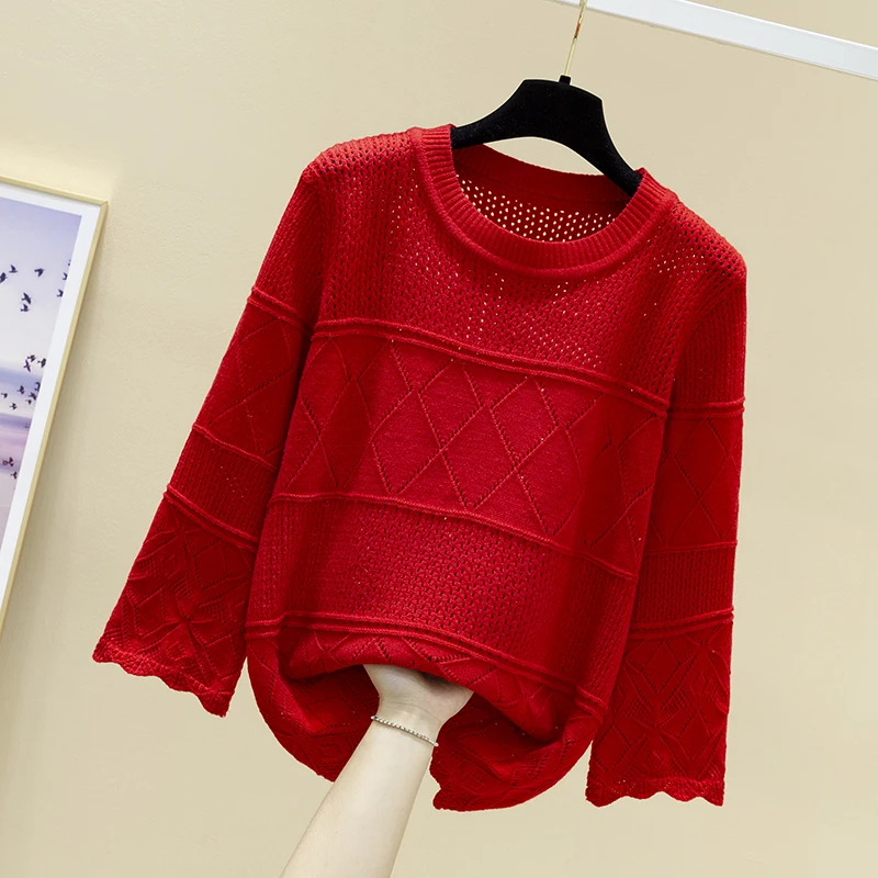 

2021 spring wear new loose cut out sweater Korean fashion women's thin knitted bottomed top fashion