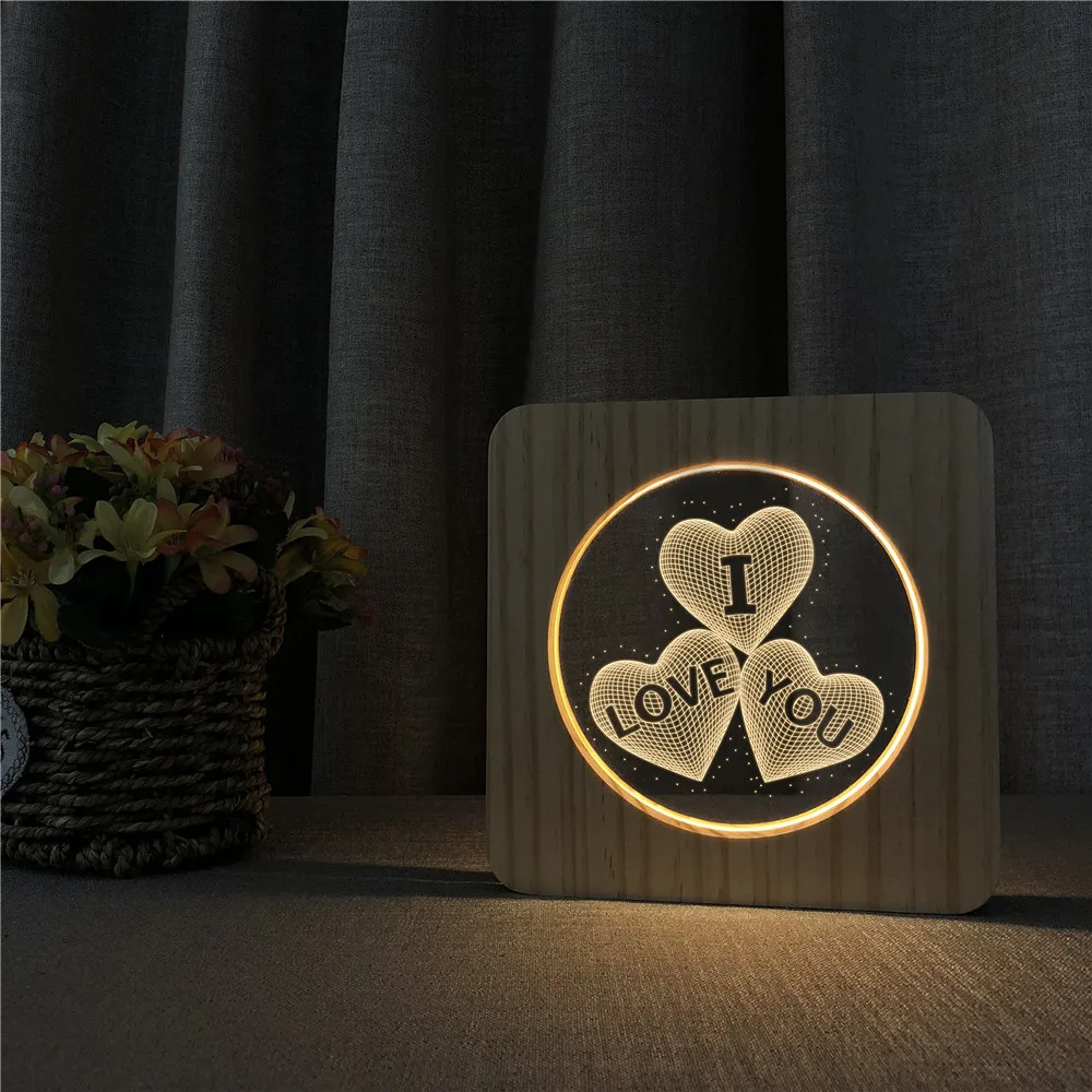 I Love U Heart Shape Wooden 3D LED Arylic Night Lamp Table Light Switch Control Carving Lamp for Children's Room Birthday Gift