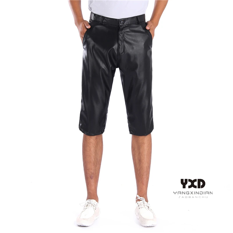 Summer New Mens Casual Trend Stretch Leather Loose Shorts Man Punk Hip Hop Streetwear Five-point Pants Male Thin Black Six Pants