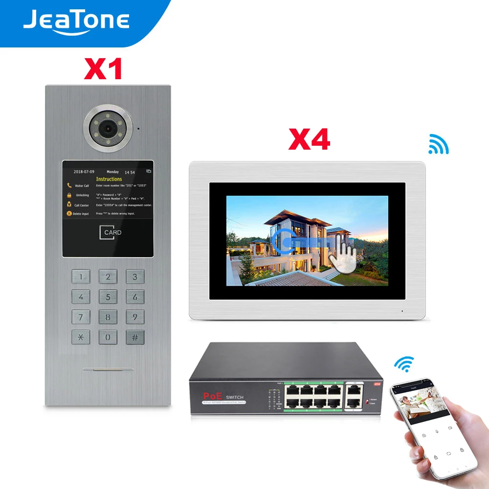 

7'' WIFI IP Video Door Phone Intercom for 4 Apartments Building Security Access Control System Touch Screen Password/IC Card