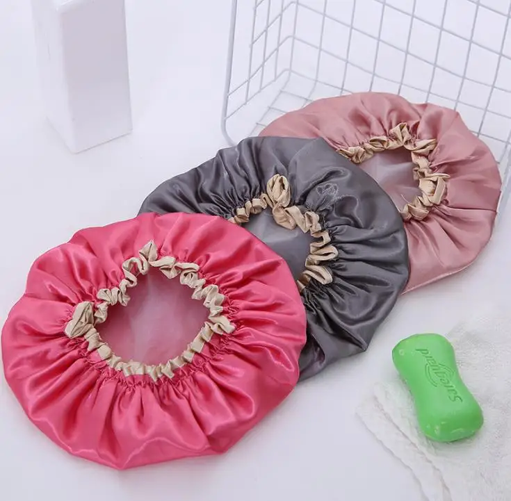 

Double Layer Shower Cap Waterproof Resuable Solid Elastic Band Bath Cap Thicken Hair Caps Hat Adult Makeup Hair Cover SN3086