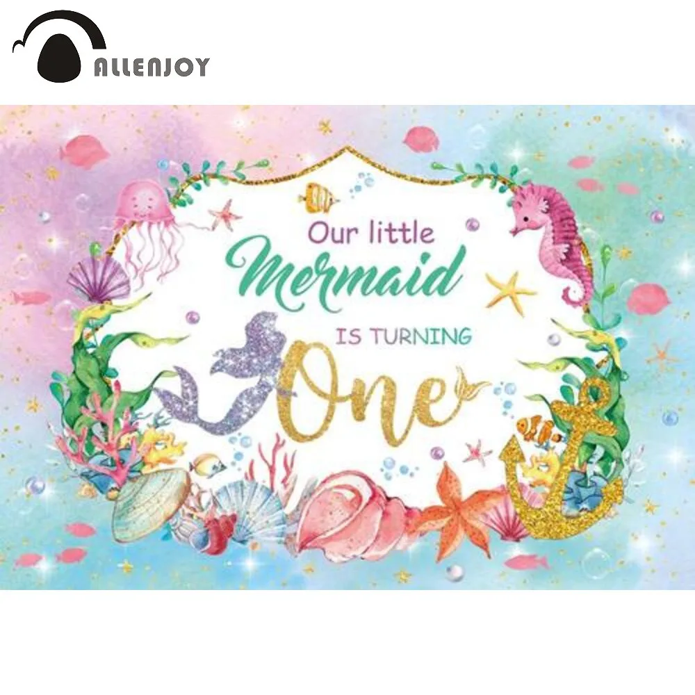 

Allenjoy Watercolor Mermaid Backdrop Girl Princess Under Sea Gold Tail Birthday Baby Shower Party Decorations Banner Photo Zone