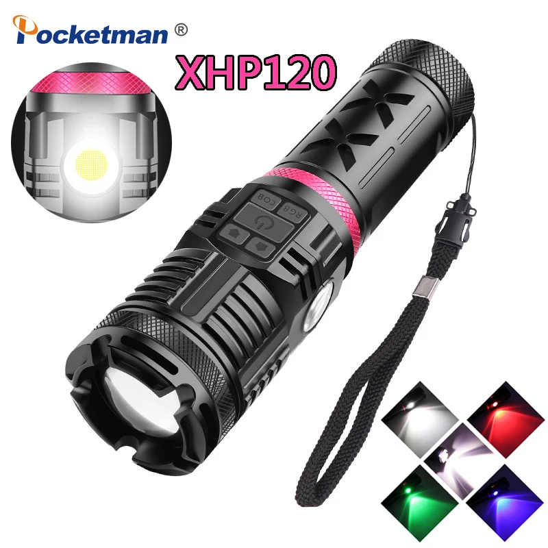 Prezzo Torcia Multifunzione XHP120 + COB + Luce Rossa/blu/verde Torcia Zoom Telescopico Torcia A Luce Variabile Continua