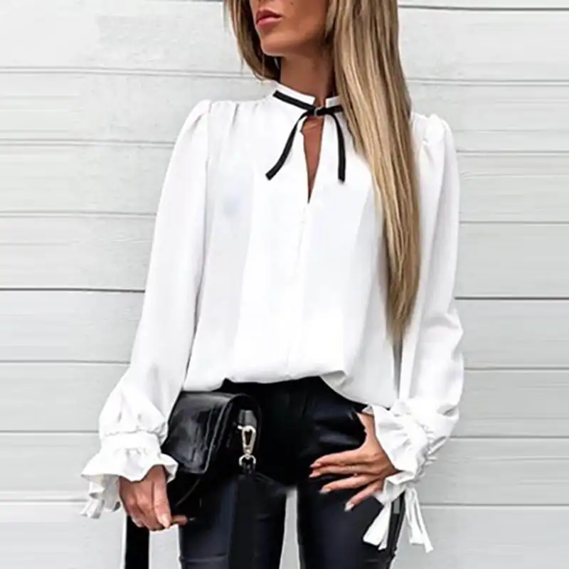 Твердые оборками манжеты завязанные шеи рубашки шифоновая блуза офис