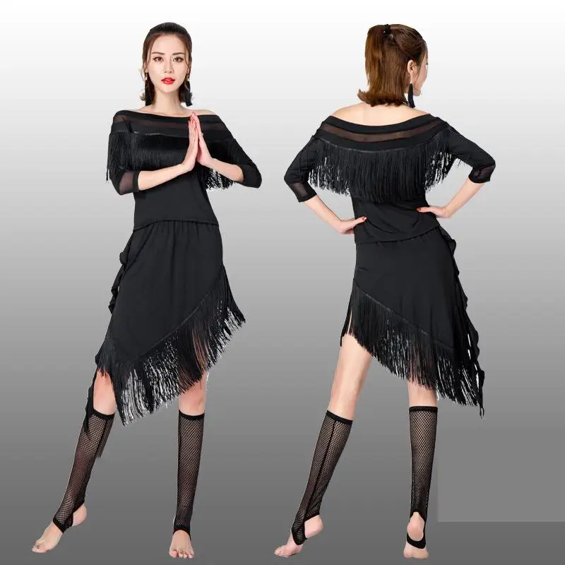

Women Summer Black Latin Dance Dress Short-sleeve Latin Dance Tassel Dress For Women Female Ballroom Tango Cha Cha Rumba Costume