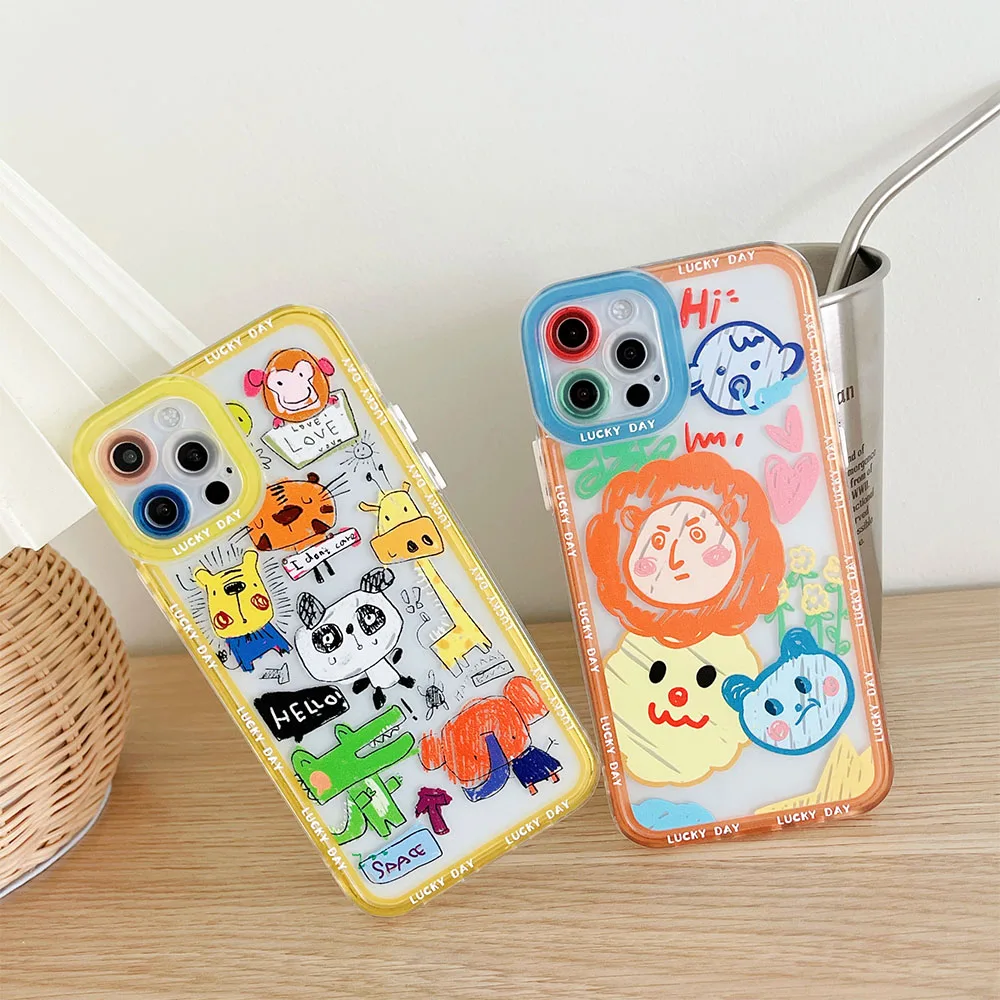 

Cute Cartoon Animal Art Graffiti Shockproof Phone Case for IPhone 11 12 Pro Max Mini 7 8 Plus XS X XR Camera Protection Cover