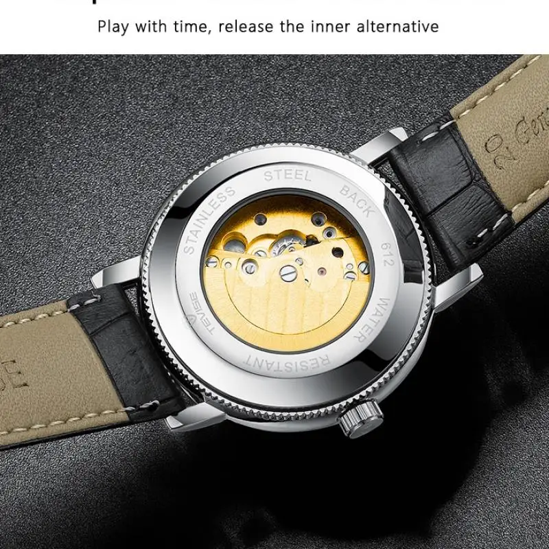 

2021Tevise Automatic Mechanical Men's Watch Classic Leather Strap Gold Skeleton Male Clock Top Luxury Brand Men's Watch