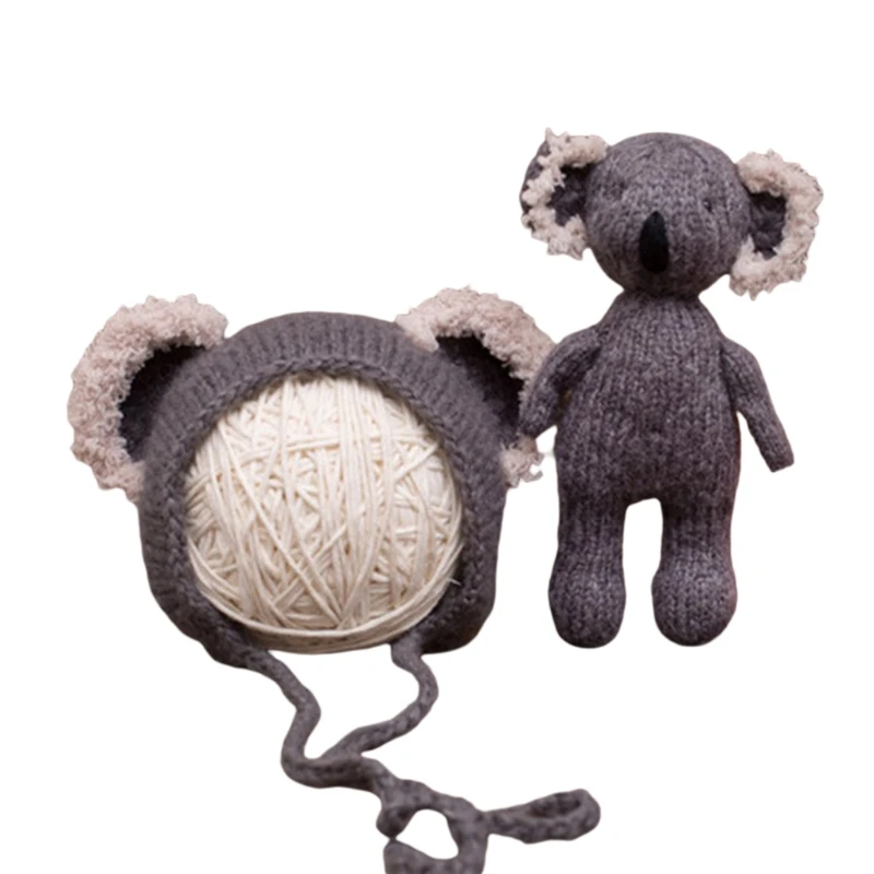 

2pcs Newborn Infant Knitted Beanie Hat with Animal Koala Doll Toy Photo Props