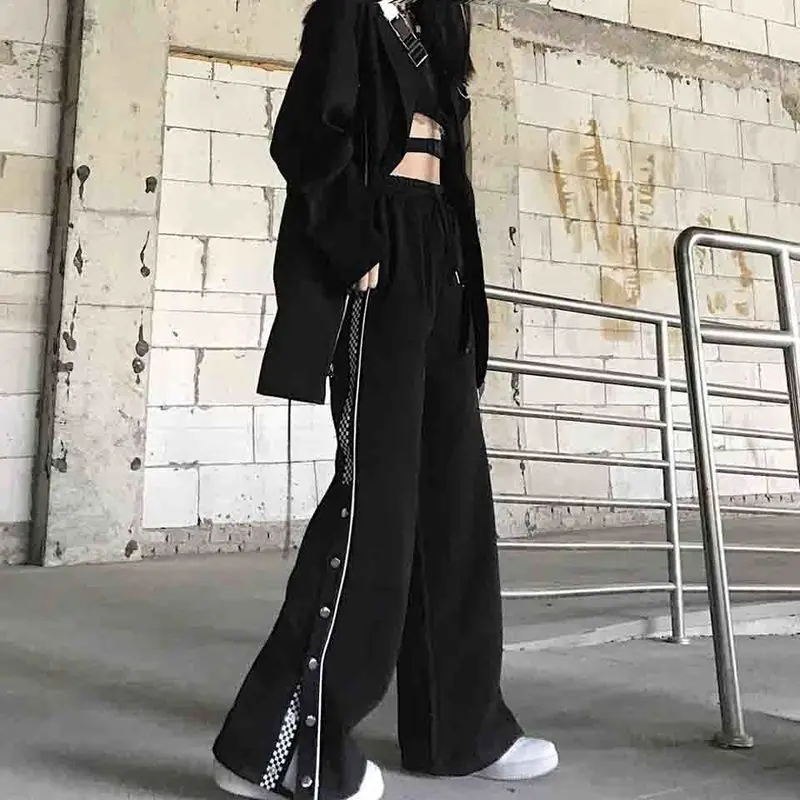 

Брюки женские с широкими штанинами, повседневные спортивные штаны оверсайз с завышенной талией, со светоотражающим разрезом, в Корейском с...