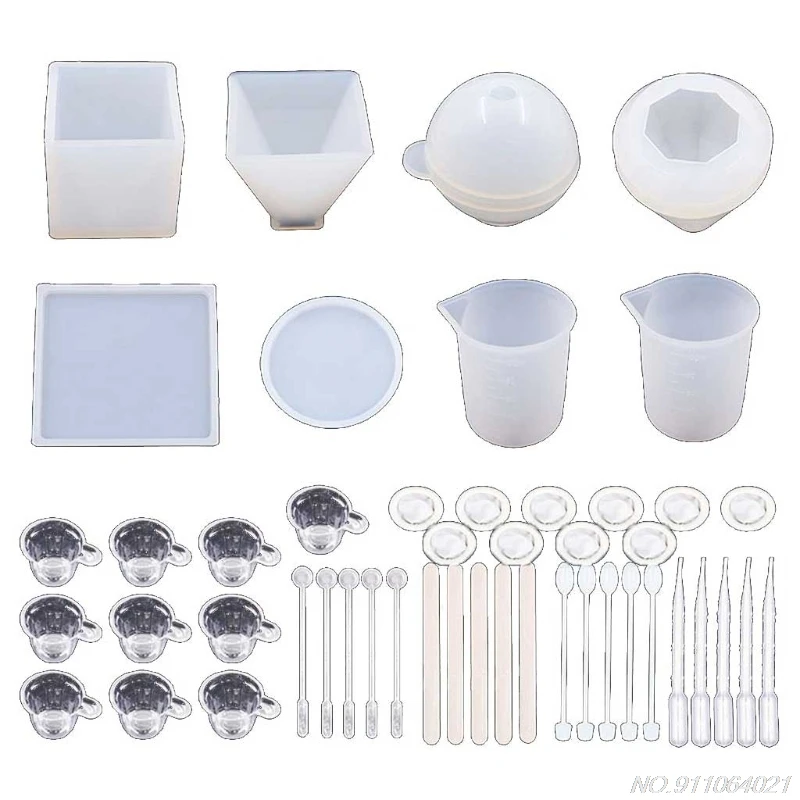 

48Pcs 3D Pyramid Cubic Sphere Diamond Casting Molds Large Clear Silicone Epoxy Resin Molds Mixing Cups Tools KIt J8 21 Dropship