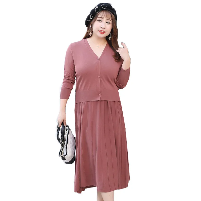 

Женское трикотажное платье на бретелях, Элегантное повседневное платье из двух частей, большие размеры до 3XL, осень 2019