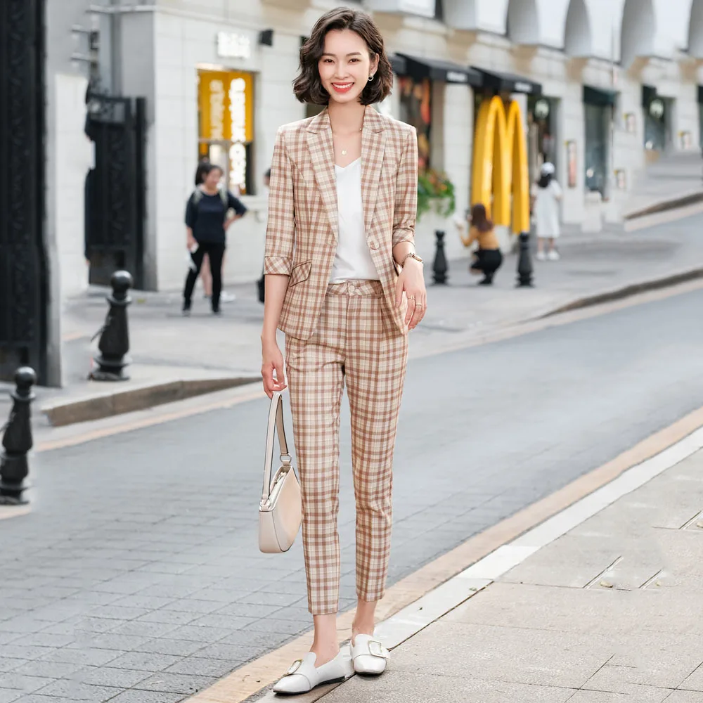 

2021 Spring And Summer Lattice Suit Jacket Female Korean Fashion Style Casual High-end Short Jacket And High-waist Pants Suit