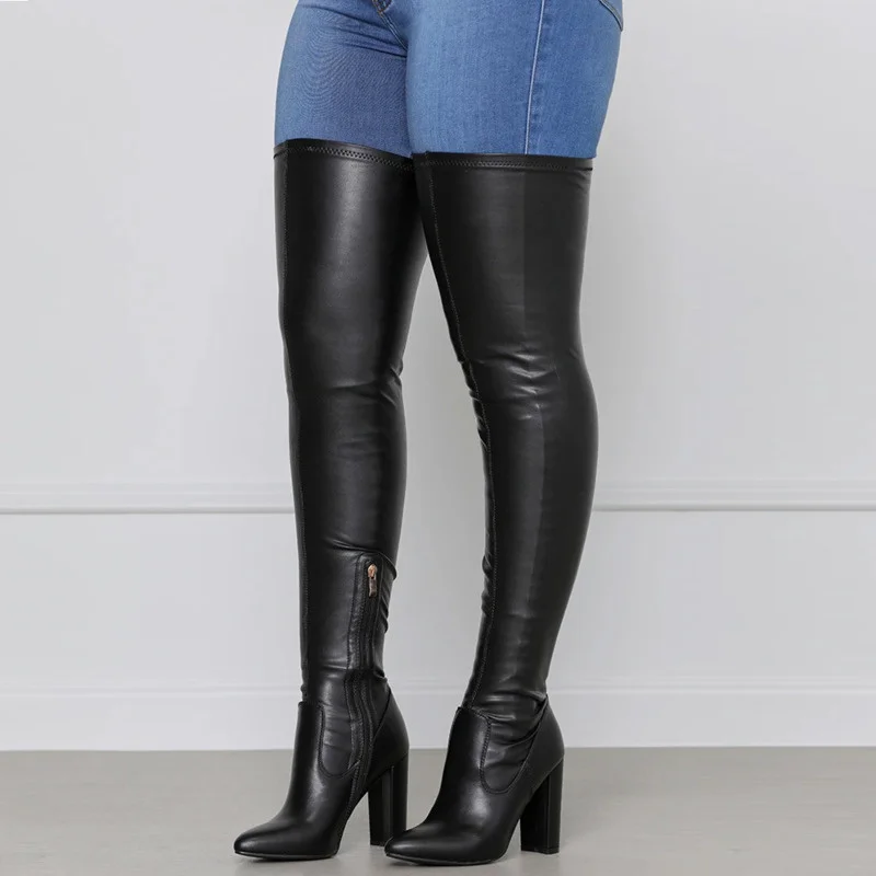 

Women's Boots 2021 Winter Sexy Thick Heel Thigh Boot Women PU Leather Pointed Black boots Large Fashion Warm Knee High Heels