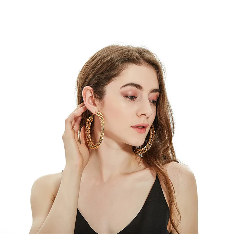Женские серьги кольца в винтажном стиле большие золотистые круглые с цепочкой