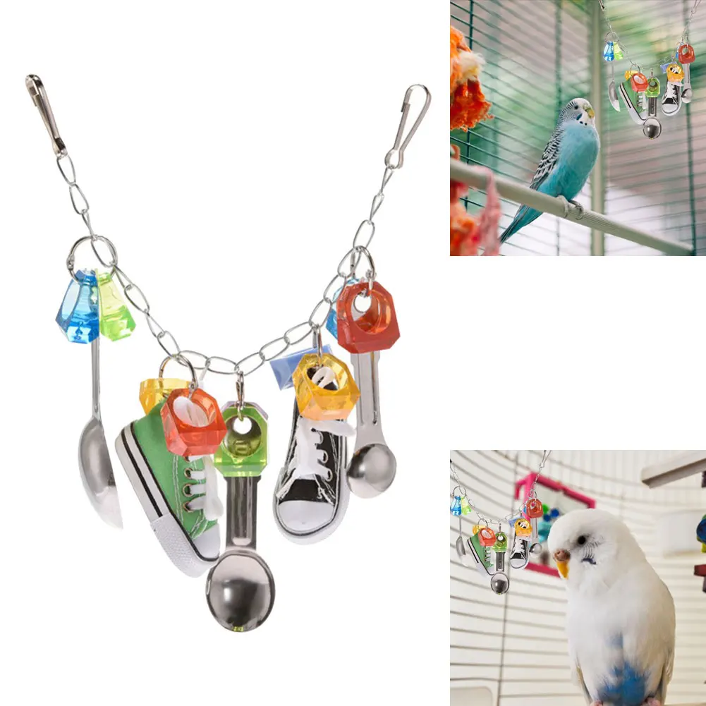 

Parrot Toy Bird Spoon Chew Toys Hanging Swing Stainless Steel Acrylic Toy With Sweet Sound Security Toys For Birds Random Color