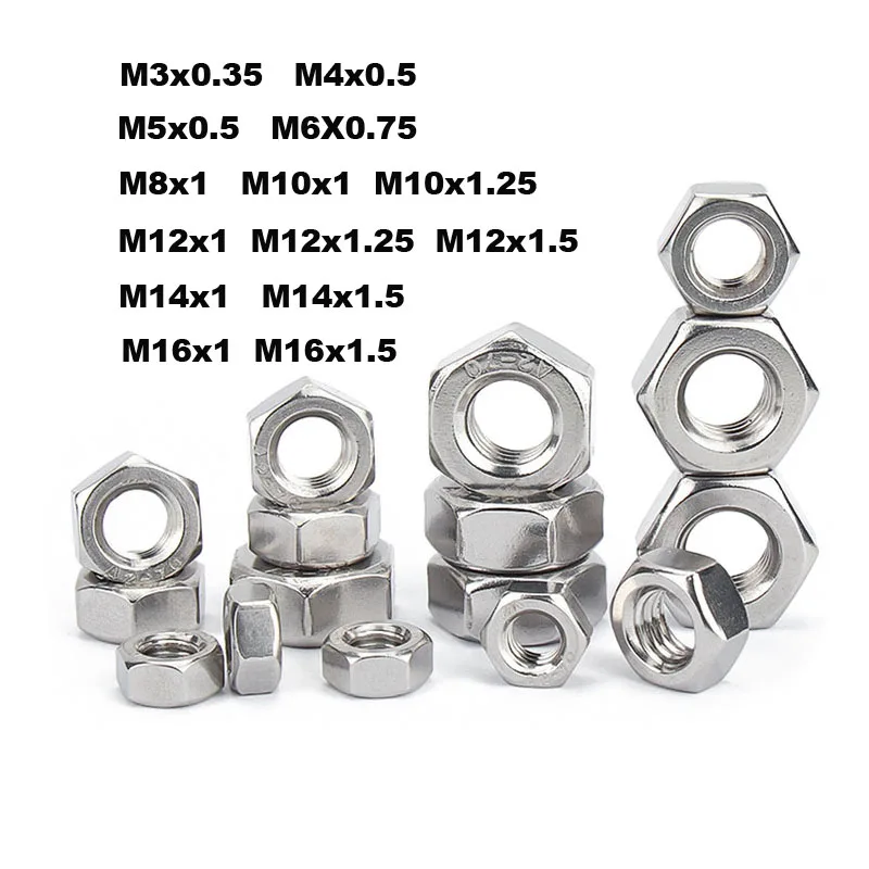 

2/5/10Pcs M3 M4 M5 M6 M8 M10 M12 M14 M16 Pitch 0.35/0.5/0.75/1/1.25/1.5mm 304 A2-70 Stainless Steel Fine Thread Hex Hexagon Nut