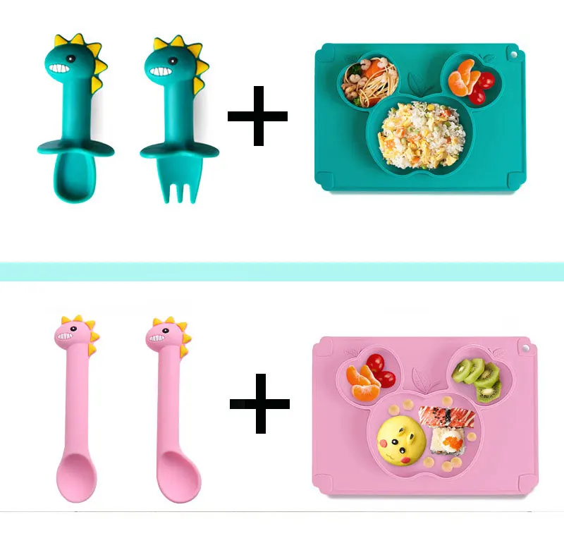 

Dinner Plate Sets For kids Baby Silicone Dining Plate BPA Free Apple Love Shape Tableware Kitchen Fruit Dishes Children Feeding