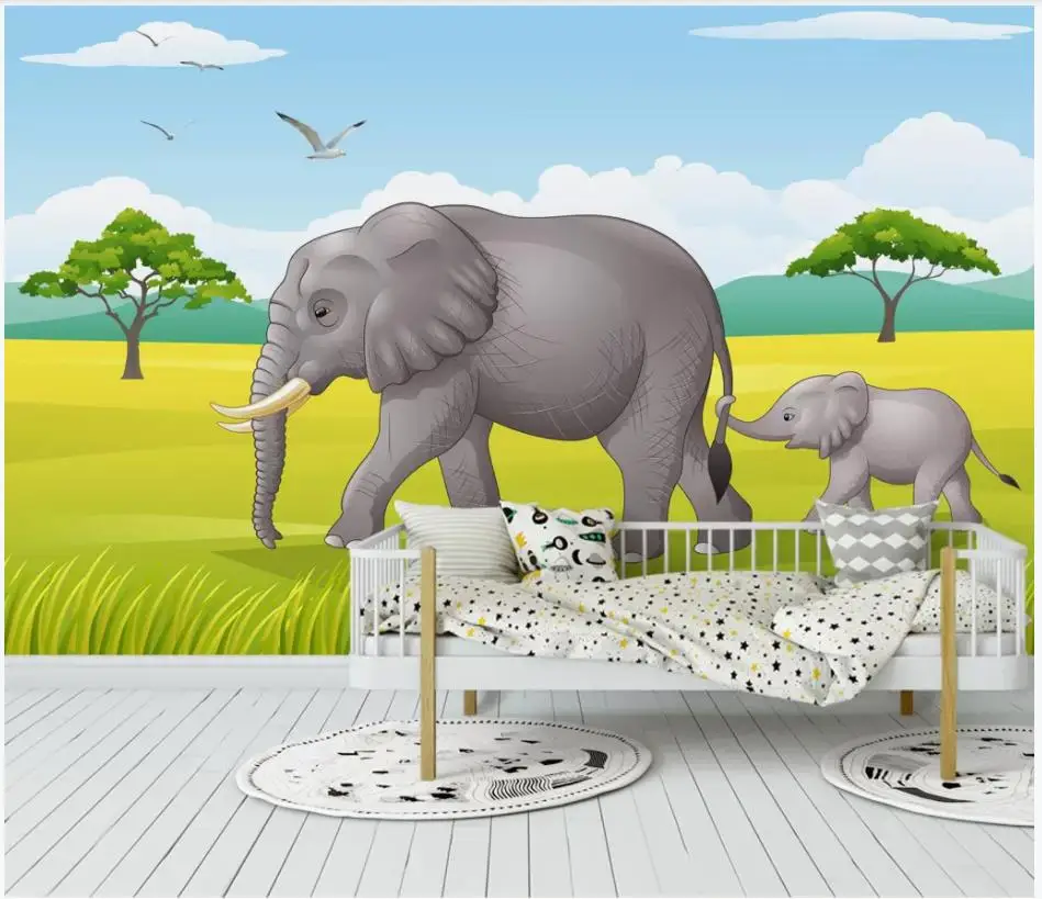 Custom photo wallpaper for walls 3 d Hand drawn cartoon elephant forest green fresh children's room background wall papers |