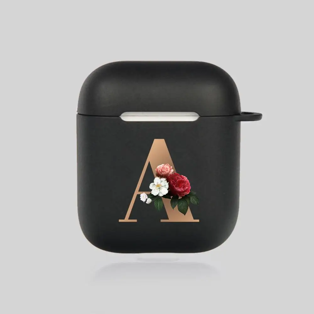 

Cute Floral Gold Initial Alphabet Letter Soft Case For AirPods 2 1 Black Silicone Wireless Bluetooth Earphone Box Matte Cover