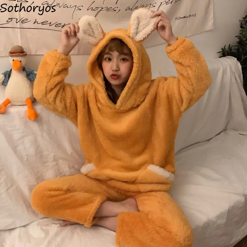 

Women Pajama Sets Flannel Coral Fleece Hooded Patchwork Sweet Cute Student Sleepwear Home Lounge Wear Winter Warm Leisure Simple