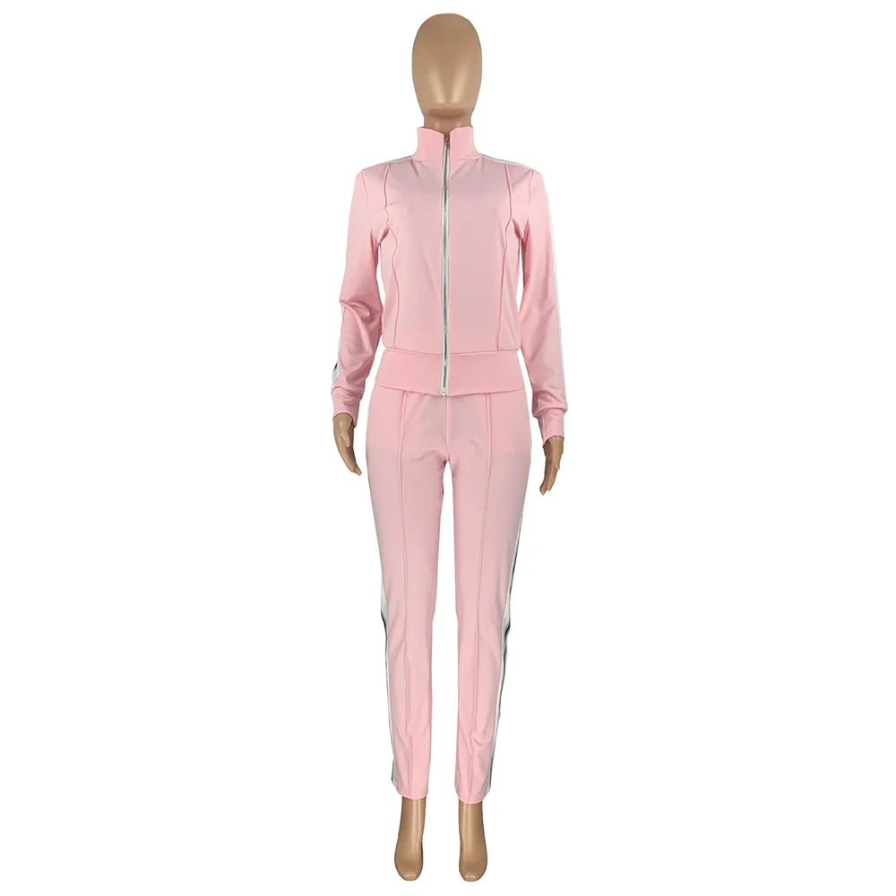 

Side Striped Splicing Two Piece Set Women Turtleneck Full Sleeve Zipper Jackets and Jogger Sweatpant Streetwear Matching Outfit