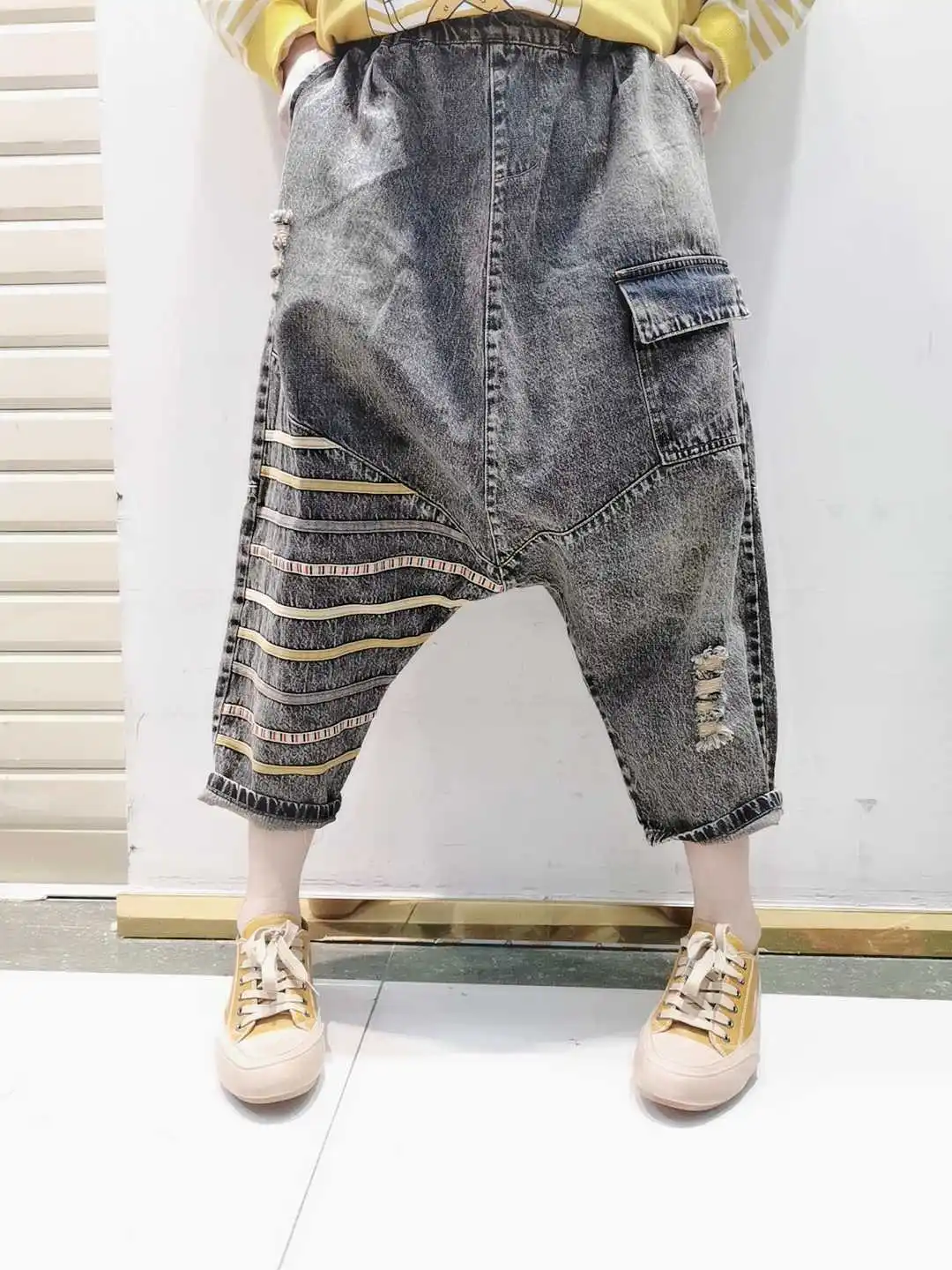 

Джинсы-шаровары мешковатые в стиле хип-хоп, джинсовые брюки-султанки с карманами, с эластичным поясом, уличная одежда в японском стиле